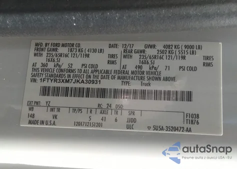 2018 Ford Transit-250 из США, поврежденный, VIN 1FTYR3XM7JKA30931